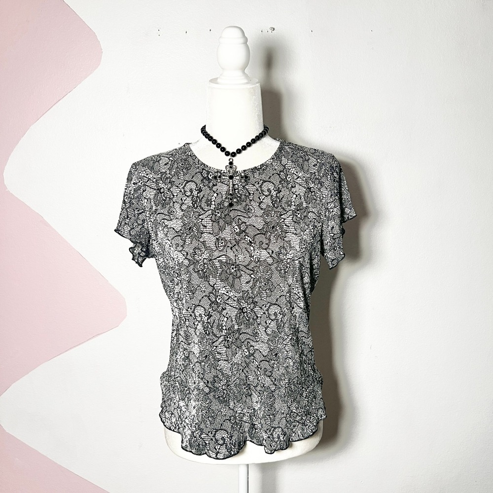 Vtg‎ Y2k 2000s Lace Top Women's Medium Black Floral Gothic Victorian